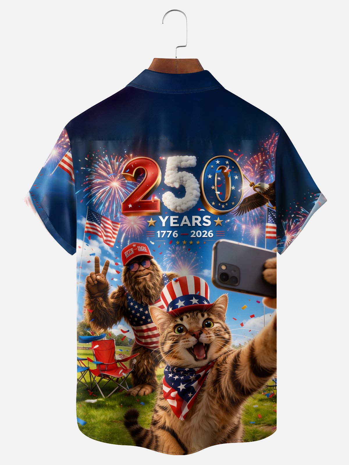 Moisture-Wicking 250th U.S. Independence Day Commemorative Edition Cat & Bigfoot Selfie-Print Chest Pocket  Hawaiian Shirt