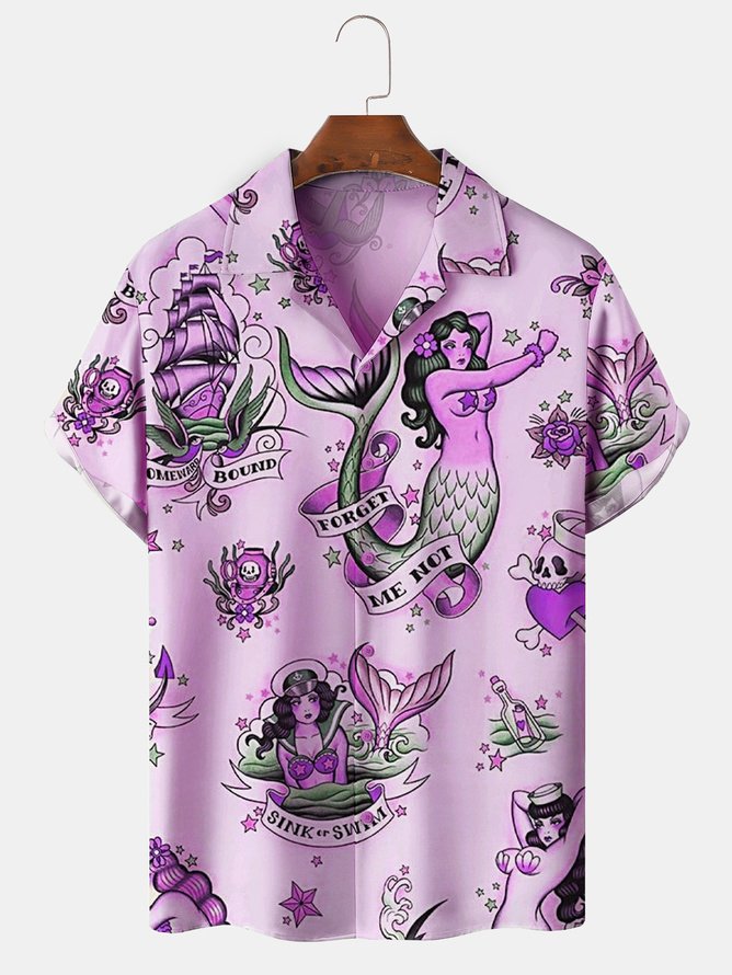 Mens Mermaid Print Front Buttons Soft Breathable Loose Casual Hawaiian Shirt