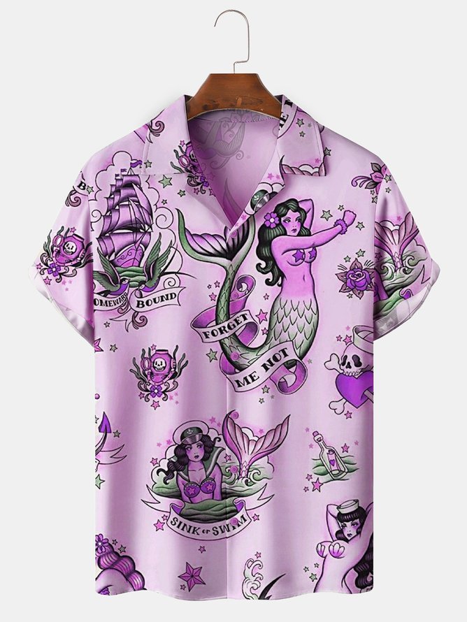 Mens Mermaid Print Front Buttons Soft Breathable Loose Casual Hawaiian Shirt