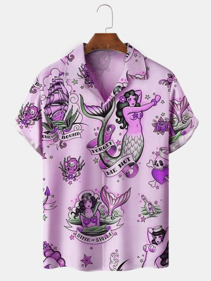 Mens Mermaid Print Front Buttons Soft Breathable Loose Casual Hawaiian Shirt