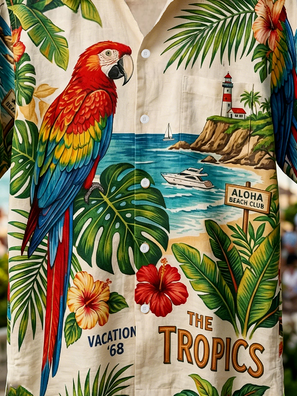 Linen Textured Leafy Flowers Seascape Parrot Chest Pocke Holiday Hawaiian Shirt