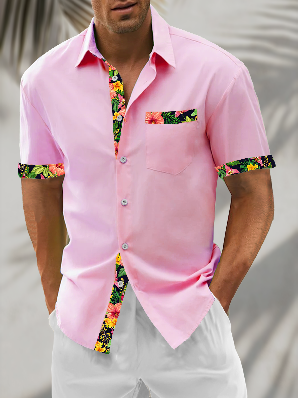 Linen Textured Solid & Botanical Floral Patchwork with Chest Pocket Holiday Hawaiian Shirt