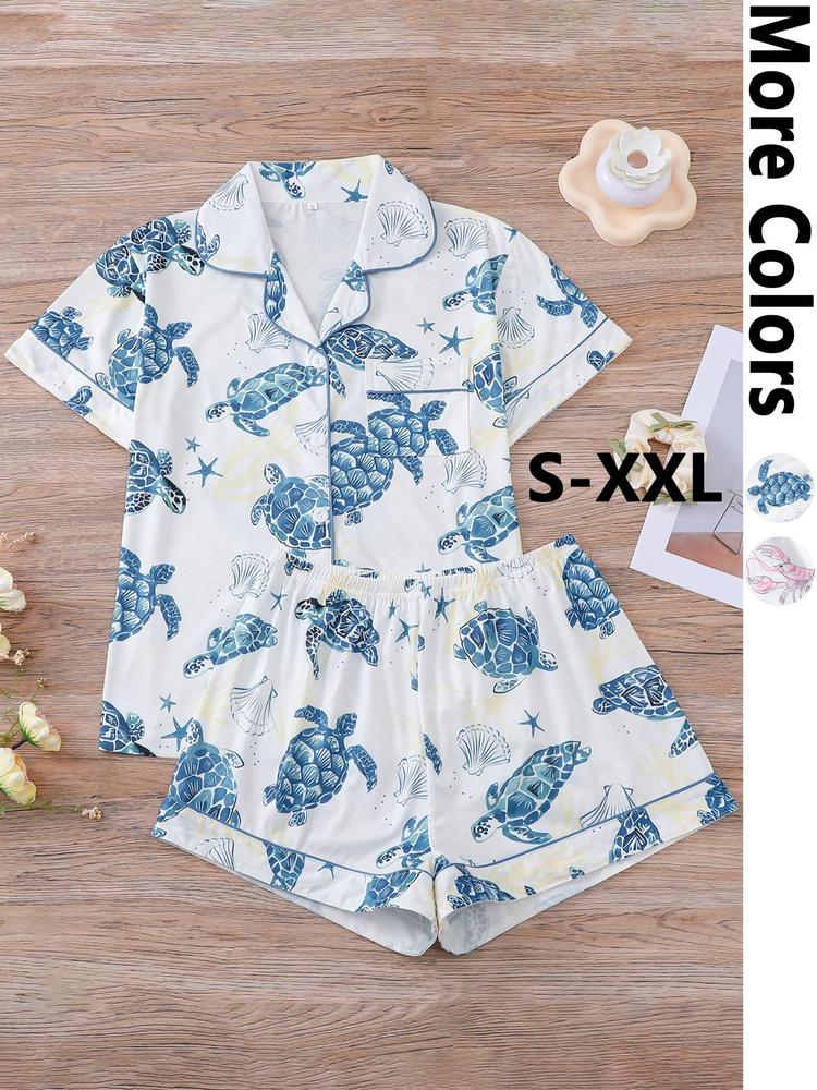 Women's All Over Print Top & Elastic Waist Shorts Pajama, Casual Comfy Short Sleeve Top & Shorts Set, Ladies Summer Sleepwear