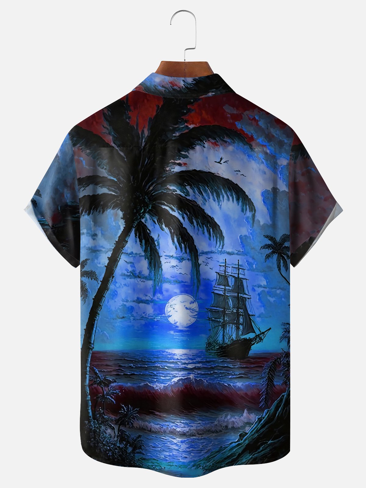 Moisture-wicking Palm Tree Sailing Boat Chest Pocket Hawaiian Shirt