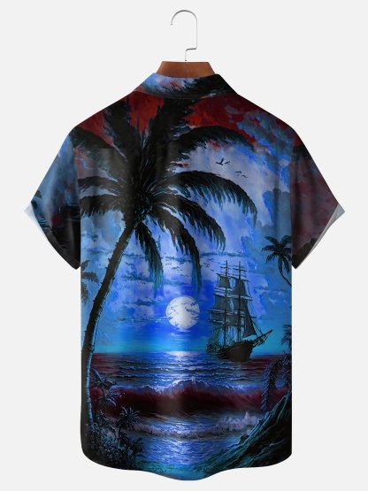 Moisture-wicking Palm Tree Sailing Boat Chest Pocket Hawaiian Shirt