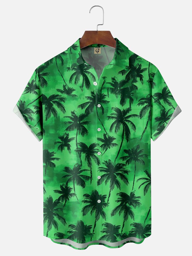 Tall Size Moisture-wicking Palm Tree Chest Pocket Hawaiian Shirt