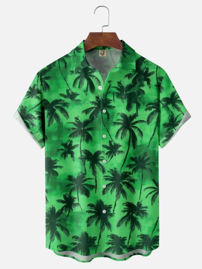 Tall Size Moisture-wicking Palm Tree Chest Pocket Hawaiian Shirt