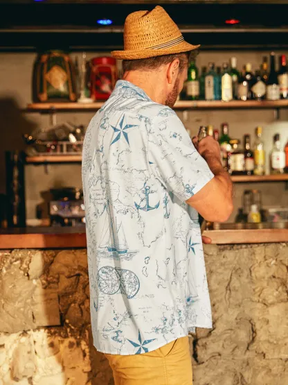 Map Sailing Chest Pocket Short Sleeves Hawaiian Nautical Shirts