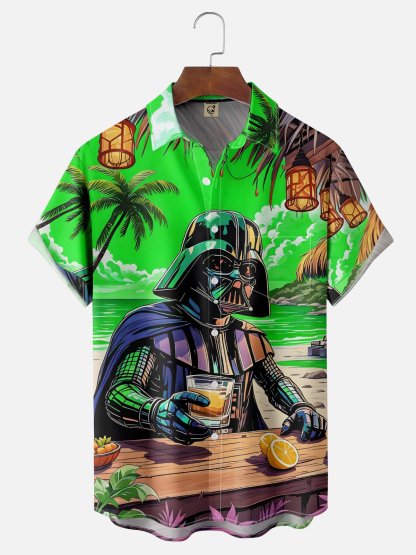 Moisture-wicking Star Beach Coconut Tree Chest Pocket Hawaiian Shirt