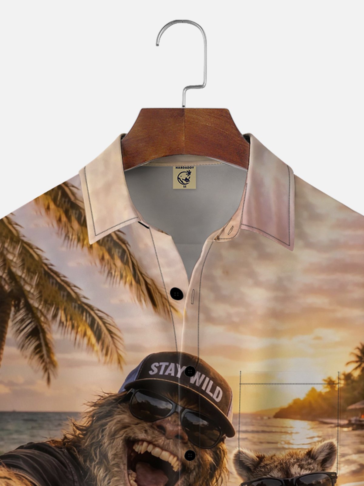 Moisture Wicking Fun Bigfoot Beach Vacation Themed Hawaiian Shirt with Chest Pocket