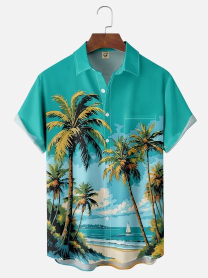 Moisture-wicking Coconut Tree Beach Chest Pocket Hawaiian Shirt