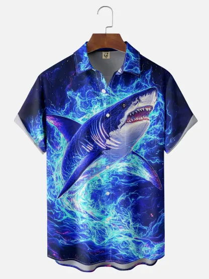 Moisture-wicking Blue Art Ocean Shark Chest Pocket Hawaiian Shirt