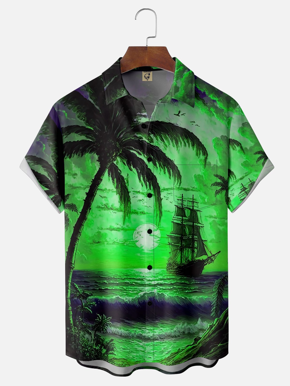 Moisture-wicking Palm Tree Sailing Boat Chest Pocket Hawaiian Shirt