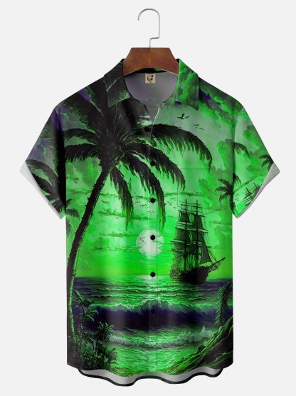 Moisture-wicking Palm Tree Sailing Boat Chest Pocket Hawaiian Shirt
