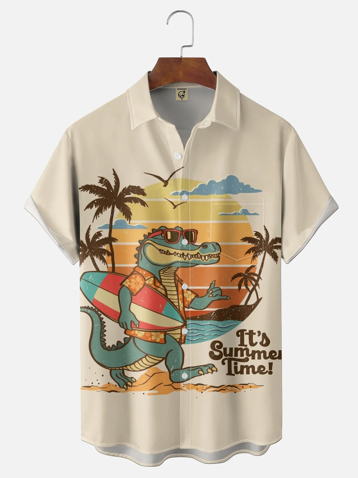 Moisture-wicking Crocodile On Vacation Palm Tree Chest Pocket Hawaiian Shirt