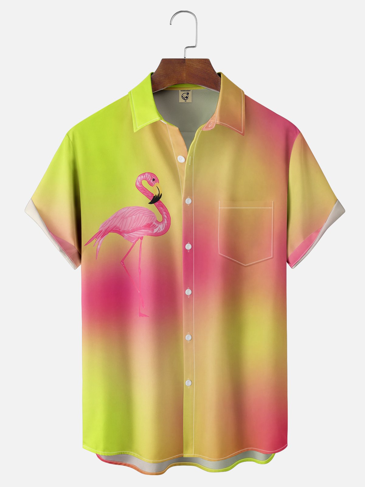 Flamingo Gradient Color Chest Pocket Short Sleeve Hawaiian Shirt