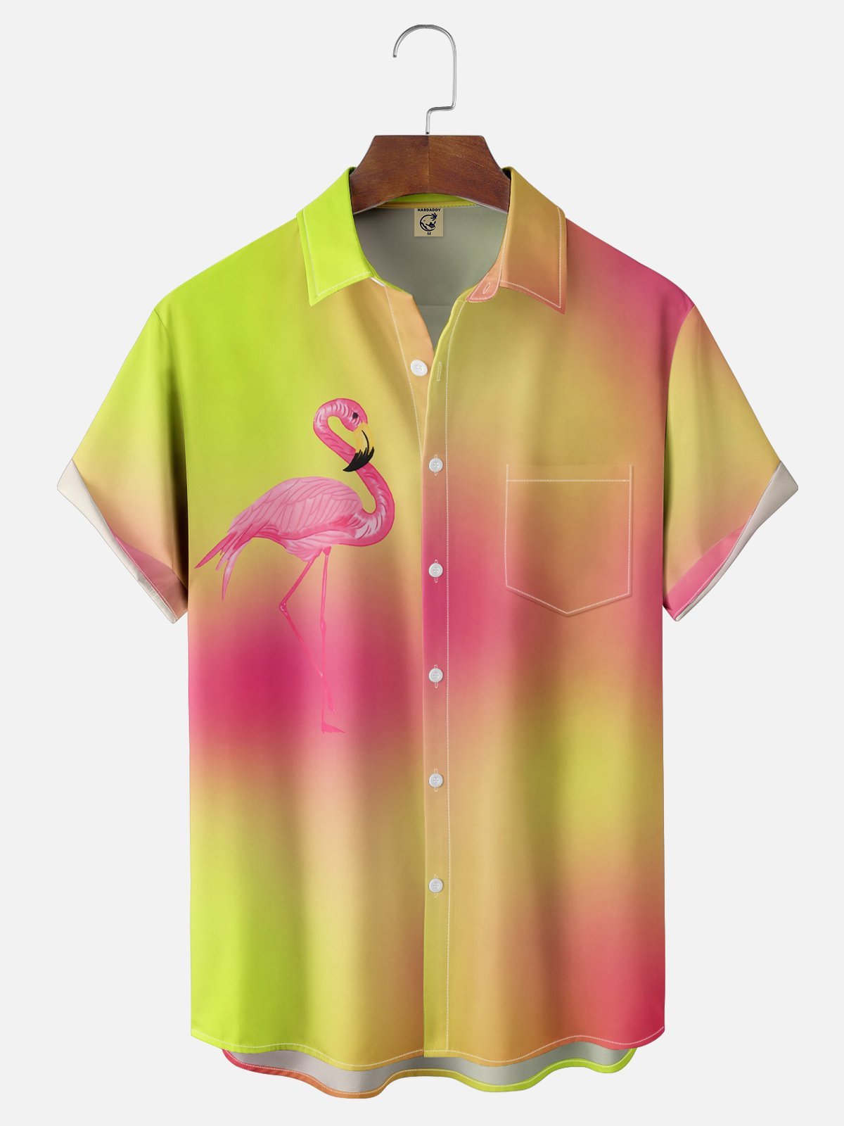 Flamingo Gradient Color Chest Pocket Short Sleeve Hawaiian Shirt
