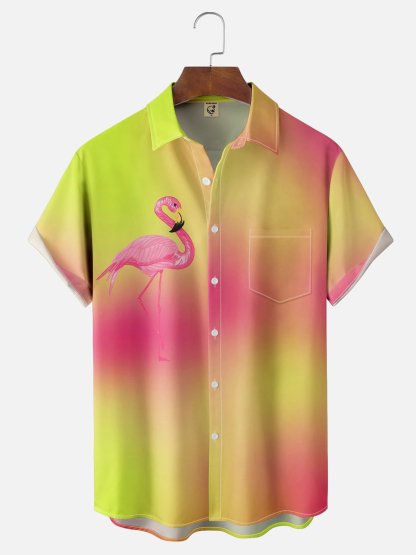 Flamingo Gradient Color Chest Pocket Short Sleeve Hawaiian Shirt