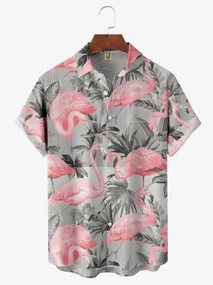 Men's Printed Casual Breathable Flamigo Short Sleeve Hawaiian Shirt