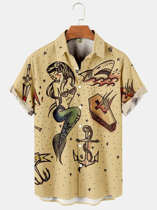 Men's Hawaiian Mermaid Ocean Element Retro Print Casual Breathable Short Sleeve Vintage Tattoo Hawaiian Shirt