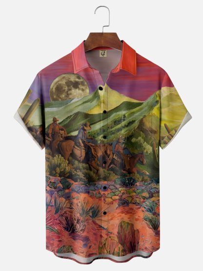 Moisture Wicking Western Cowboy Horseback Rider Chest Pocket Hawaiian Shirt