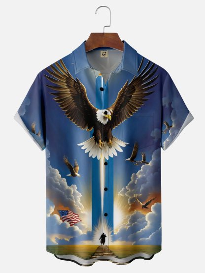 Moisture Wicking American Flag Eagle Chest Pocket Casual Hawaiian Shirt