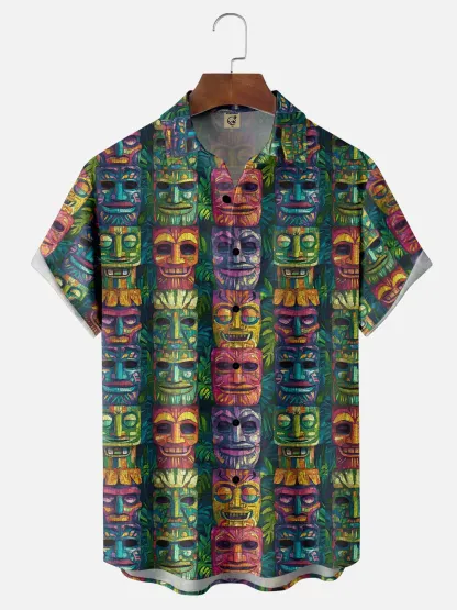 Moisture-wicking Tiki Chest Pocket Hawaiian Shirt