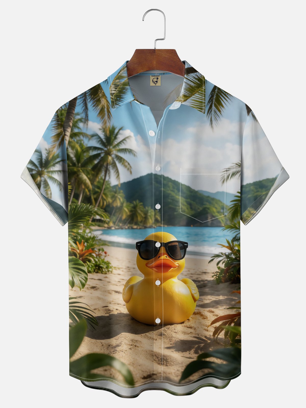 Moisture-wicking Rubber Duck Coconut Trees Beach Chest Pocket Hawaiian Shirt