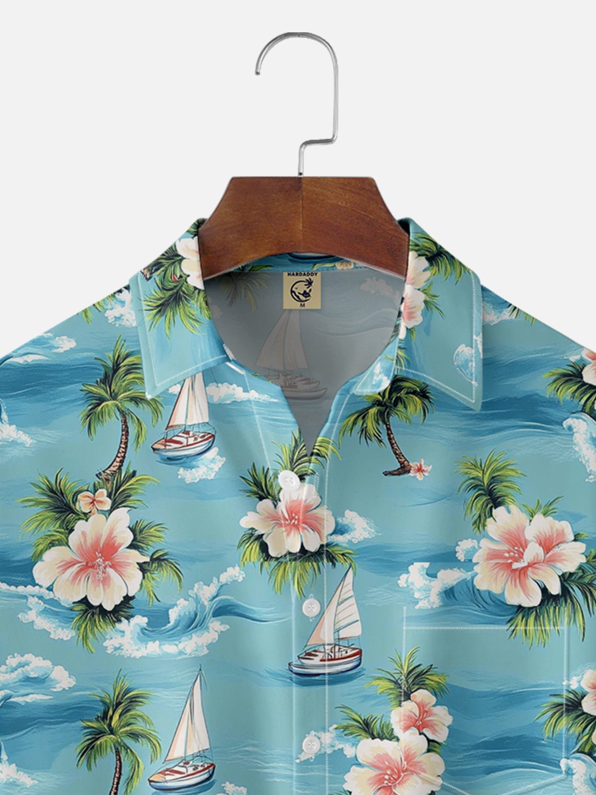 Moisture-wicking Palm Tree Hibiscus Flower Sailing Boat Chest Pocket Hawaiian Shirt