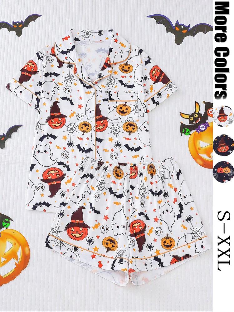 【Halloween】Women's Halloween Pajama Set, Cute Ghost Print Sleepwear, Short Sleeve Lapel Shirt & Elastic Shorts, Casual All-Season Loungewear
