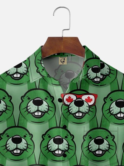 Moisture-wicking Canada Day Animal Maple Leaf Chest Pocket Hawaiian Shirt