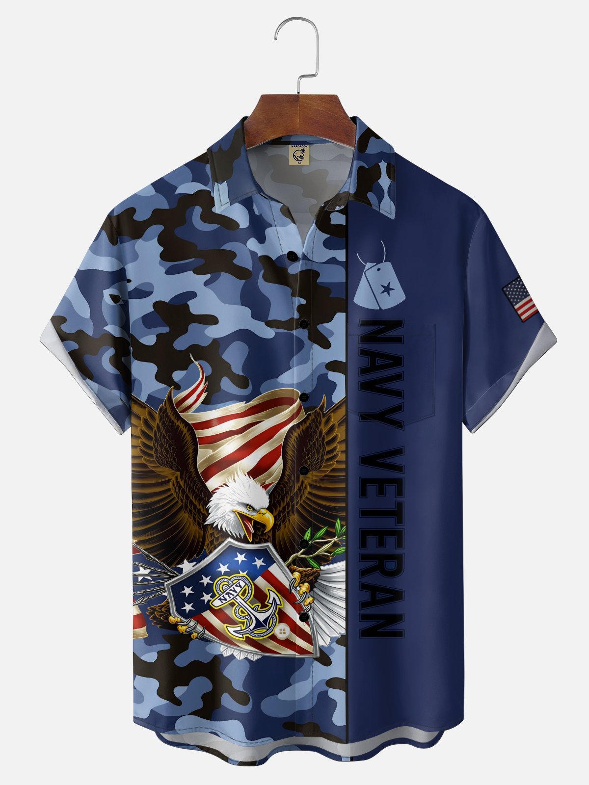 Moisture-Wicking U.S. Independence Day Anniversary Navy Design Chest Pocket Hawaiian Shirt