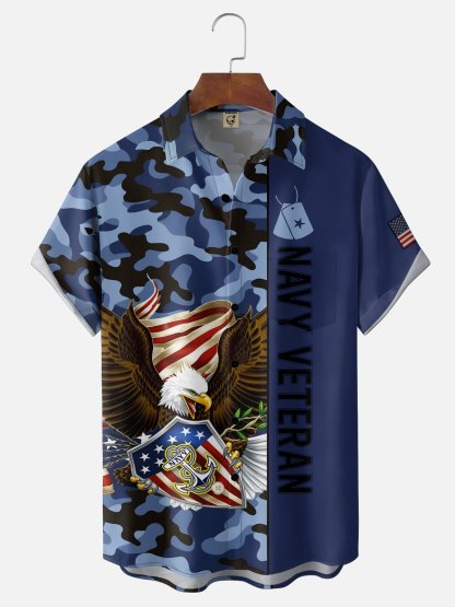 Moisture-Wicking U.S. Independence Day Anniversary Navy Design Chest Pocket Hawaiian Shirt