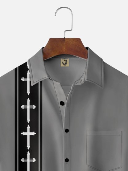 Moisture-wicking Easter Christian Cross Chest Pocket Bowling Shirt