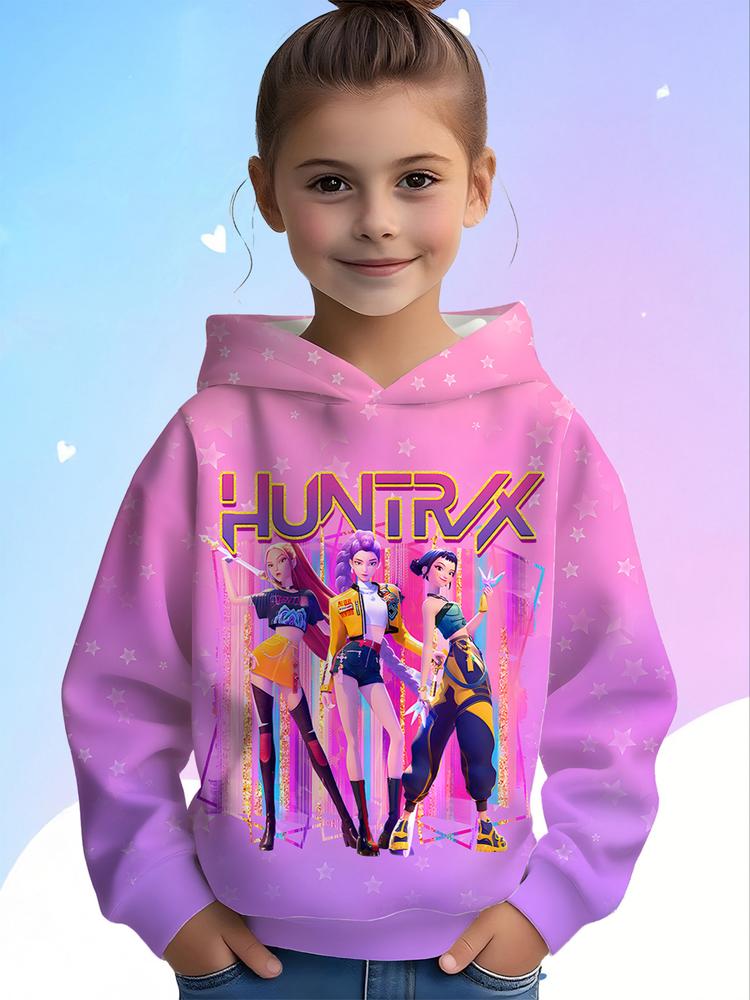 Girls Kpop Demon Hunters Korean Fashion Hoodie, Spring & Fall Comfortable Sweatshirt, Star Design, Durable Outdoor Activity Wear