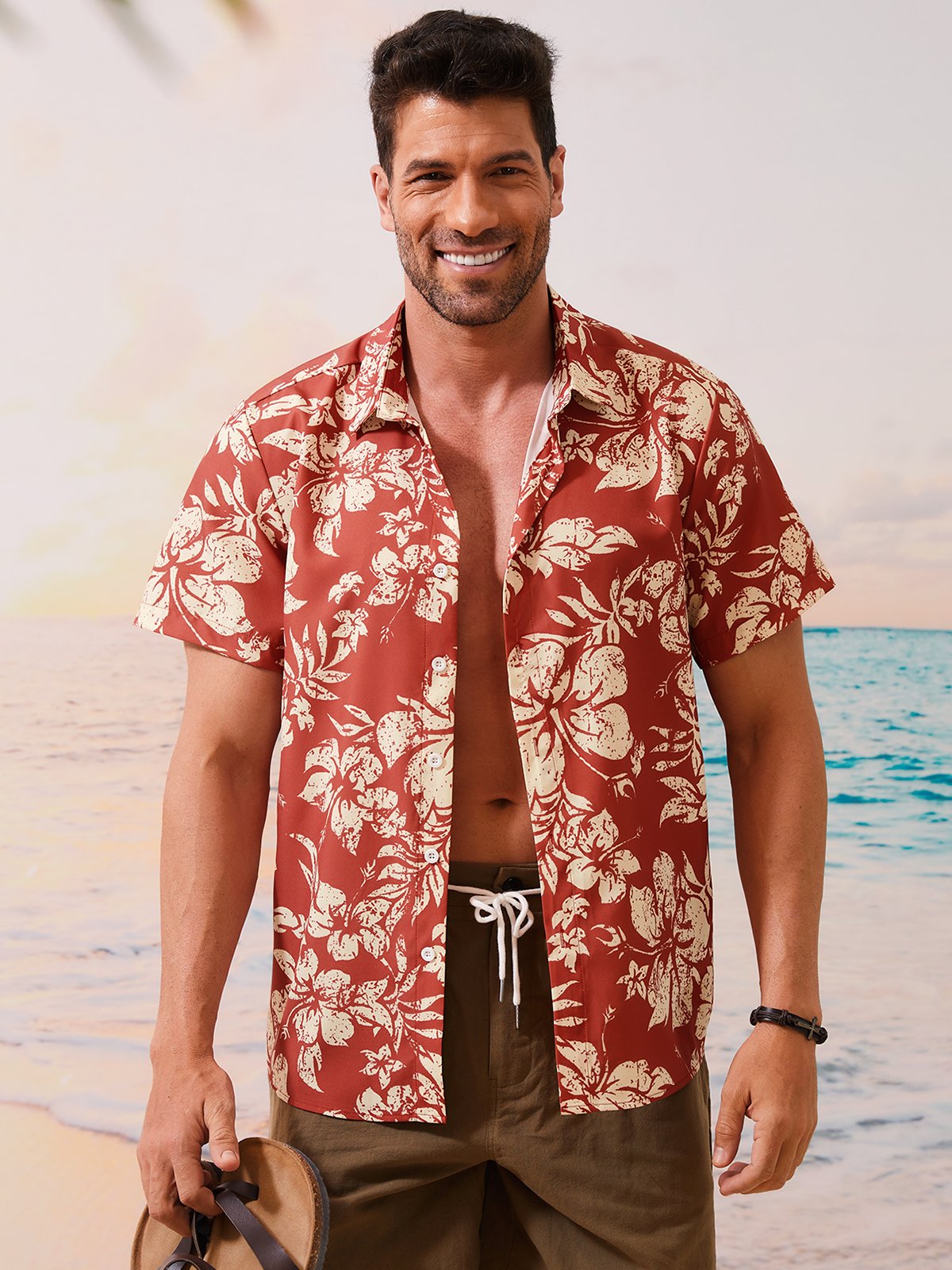 Holiday Style Hawaiian Series Plant Flower Leaf Element Lapel Short-Sleeved Shirt Print Top