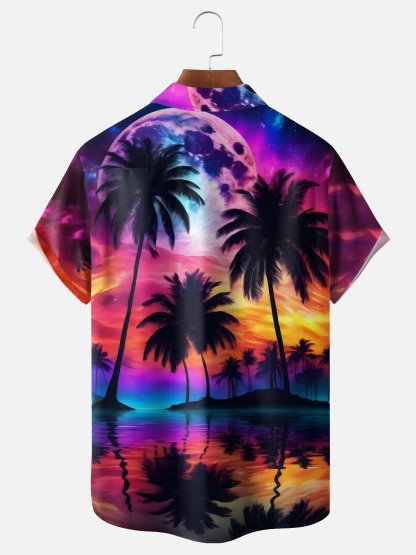 Moisture-wicking Dreamy Avant-garde Beach Coconut Tree Chest Pocket Hawaiian Shirt