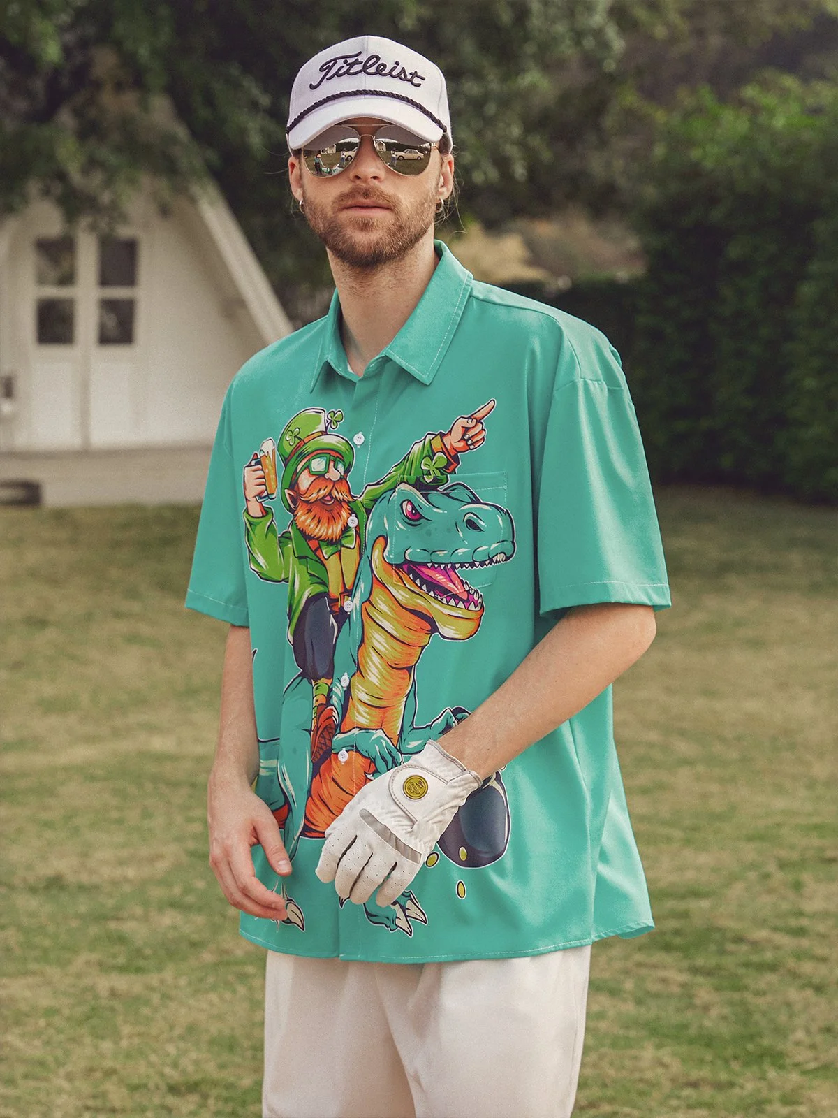 Hawaiian Button Up Shirt for Men Green St. Patrick's Day Dinosaur Beer Gold Coins Regular Fit Short Sleeve Shirt St Paddy's Day Shirt