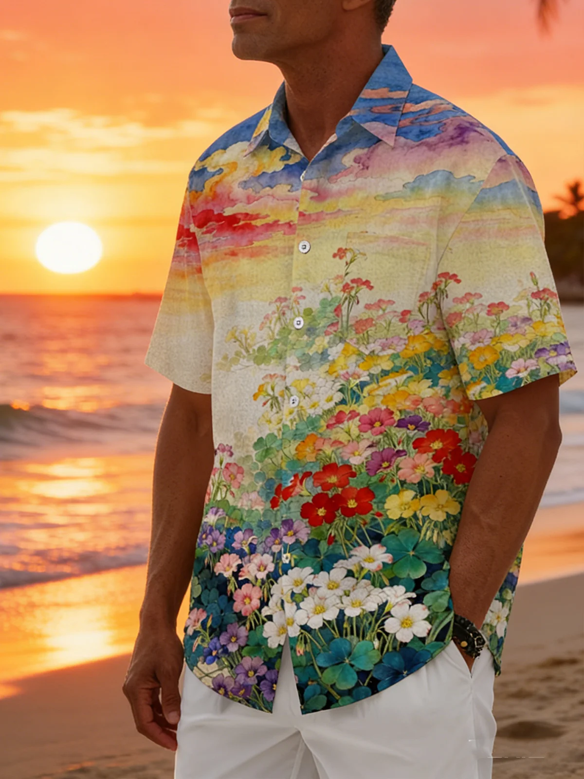 Linen Texture Botanical Print Holiday Chest Pocket Hawaiian Shirt