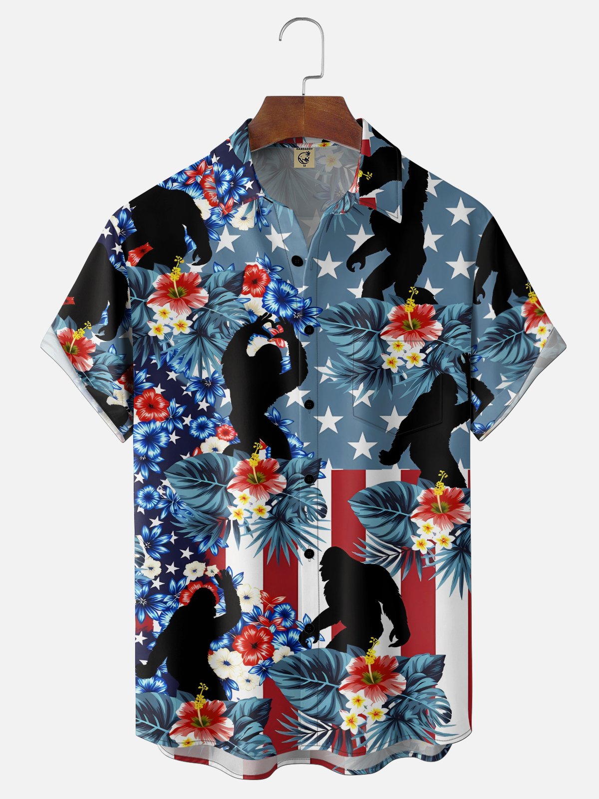 Moisture Wicking American Independence Day Anniversary Flag Plants Flowers Bigfoot Chest Pocke Holiday Hawaiian Shirt
