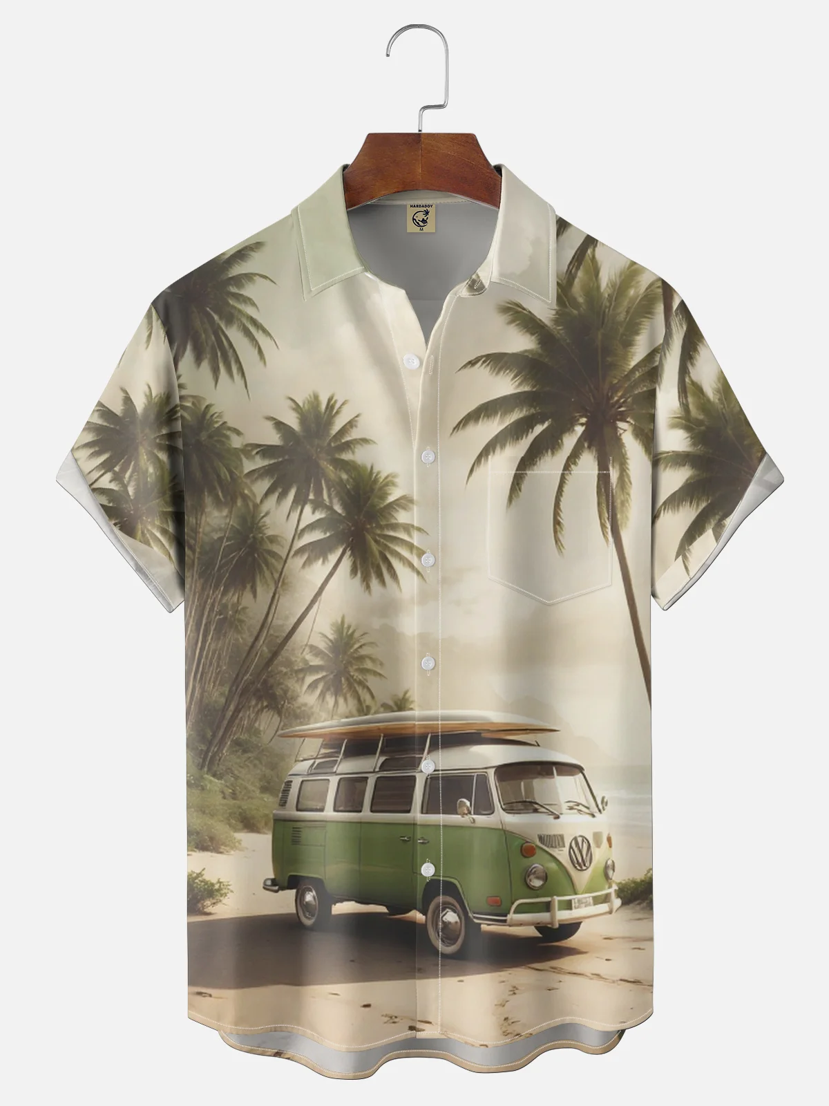 Moisture-wicking Coconut Tree Beach Car Chest Pocket Hawaiian Shirt
