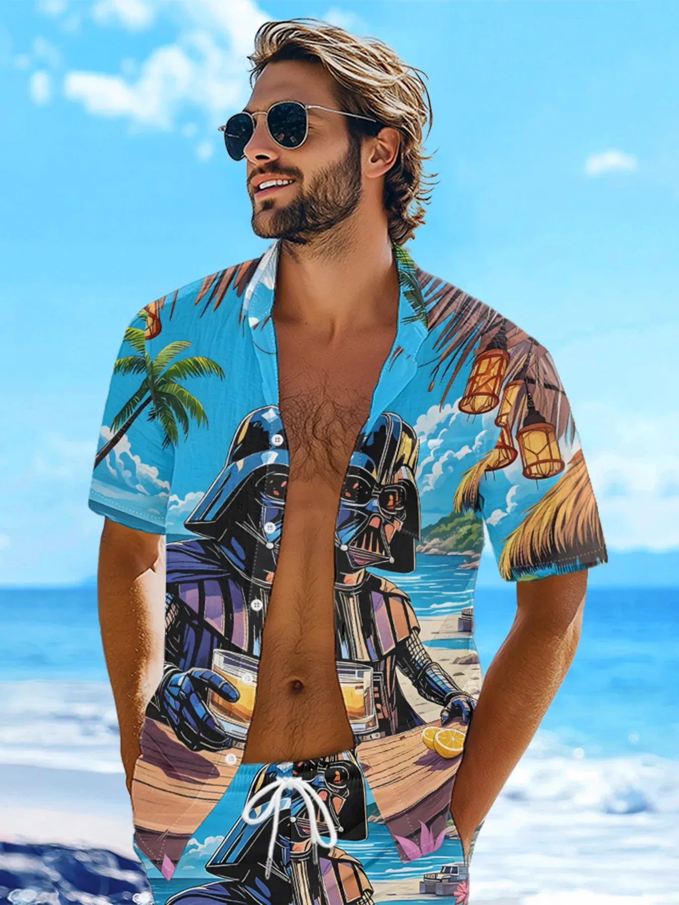 Moisture-wicking Star Beach Coconut Tree Chest Pocket Hawaiian Shirt