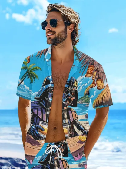 Moisture-wicking Star Beach Coconut Tree Chest Pocket Hawaiian Shirt