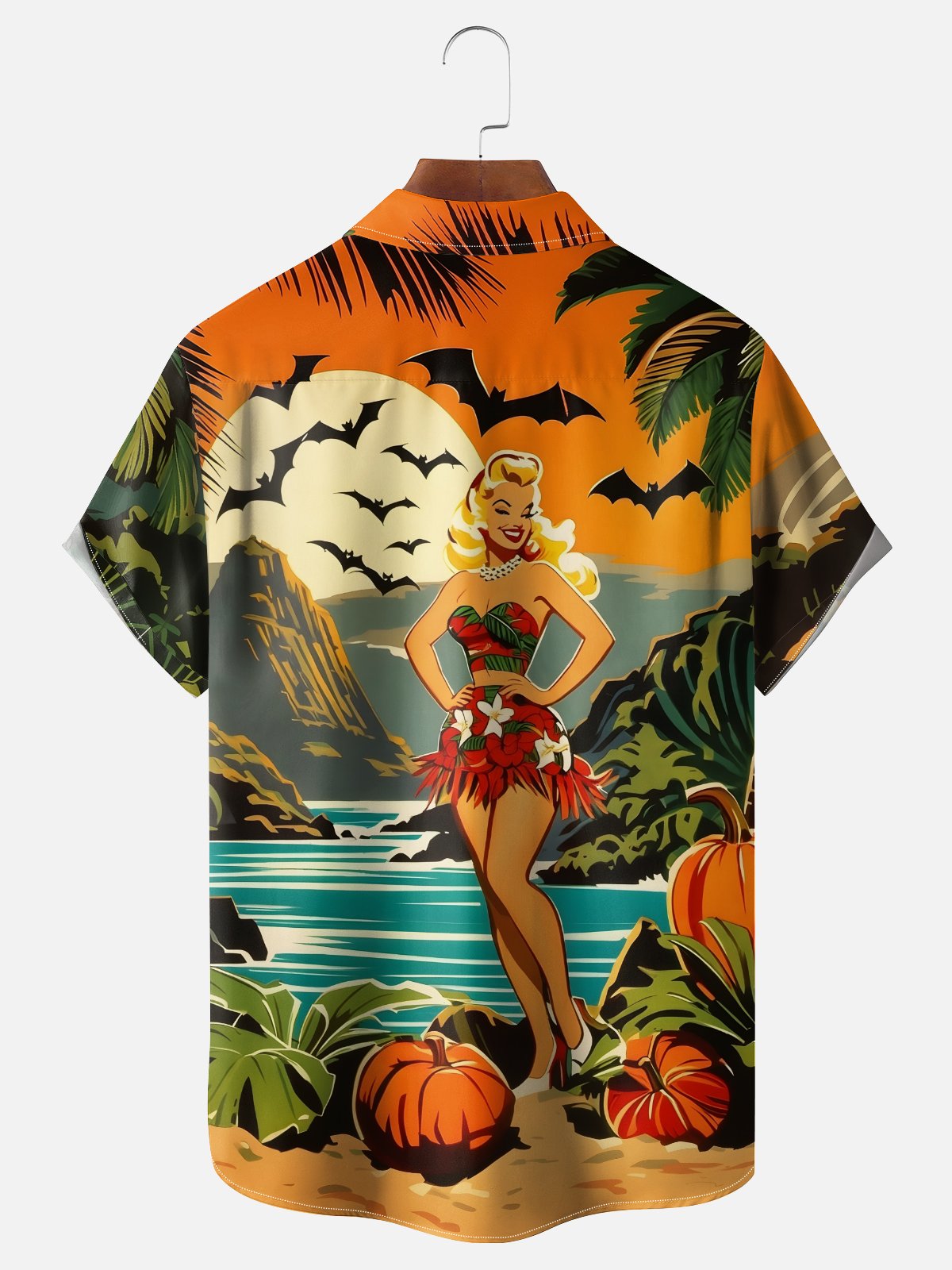 Moisture-Wicking Halloween Retro Beauty Pumpkin Beach Chest Pocket Hawaiian Shirt
