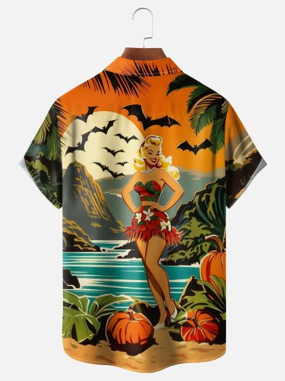 Moisture-Wicking Halloween Retro Beauty Pumpkin Beach Chest Pocket Hawaiian Shirt