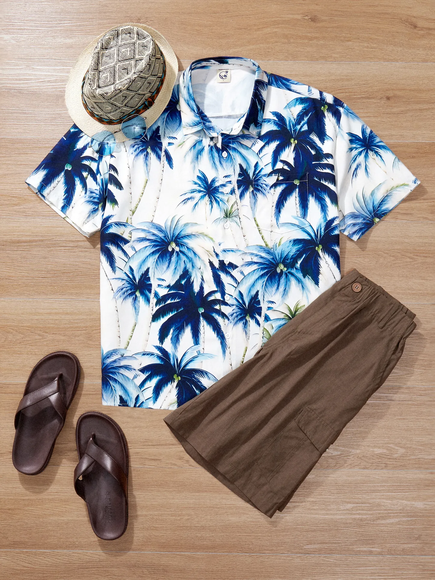 Palm Tree Chest Pocket Short Sleeve Hawaiian Shirt