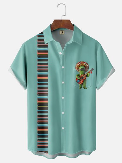 Moisture-wicking Cinco de Mayo Mexican Cactus Music Guitar Skull Chest Pocket Bowling Shirt