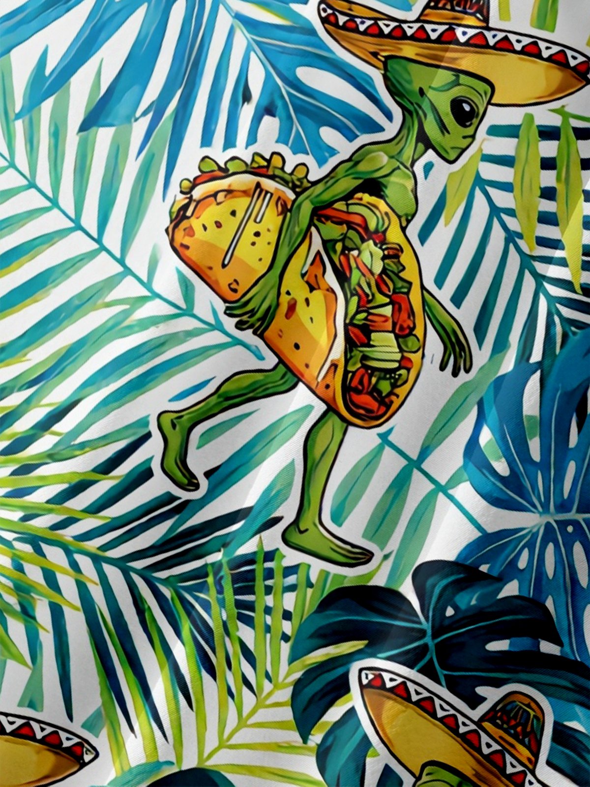 Moisture-Wicking Cinco de Mayo Tropical Floral & Alien Themed Chest Pocket Hawaiian Shirt