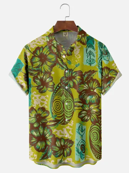 Moisture-wicking Tiki Flower Chest Pocket Hawaiian Shirt
