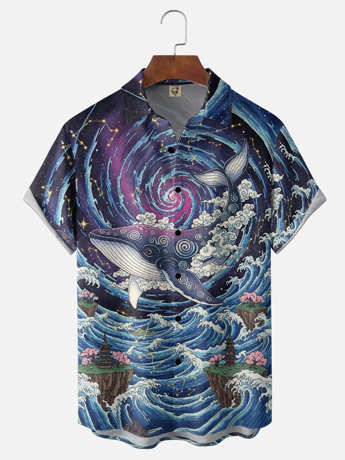 Moisture Wickin Japanese Ukiyo-e Waves and Whales Chest Pocket Holiday Hawaiian Shirt